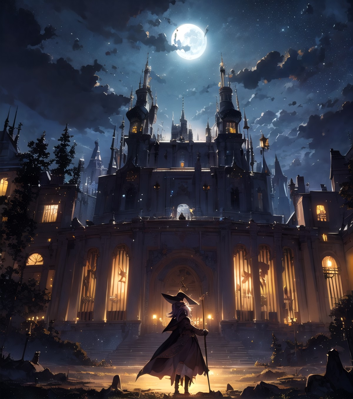 masterpiece, best quality, detailed, illustration, 1girl, solo, fantasy, night sky, outdoors, spells, moon, stars, clouds,...